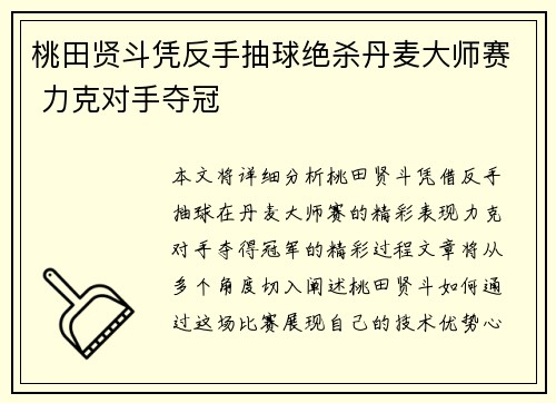 桃田贤斗凭反手抽球绝杀丹麦大师赛 力克对手夺冠