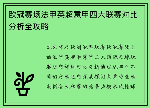 欧冠赛场法甲英超意甲四大联赛对比分析全攻略