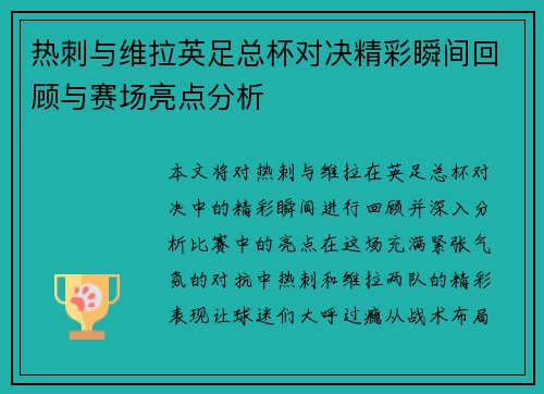 热刺与维拉英足总杯对决精彩瞬间回顾与赛场亮点分析
